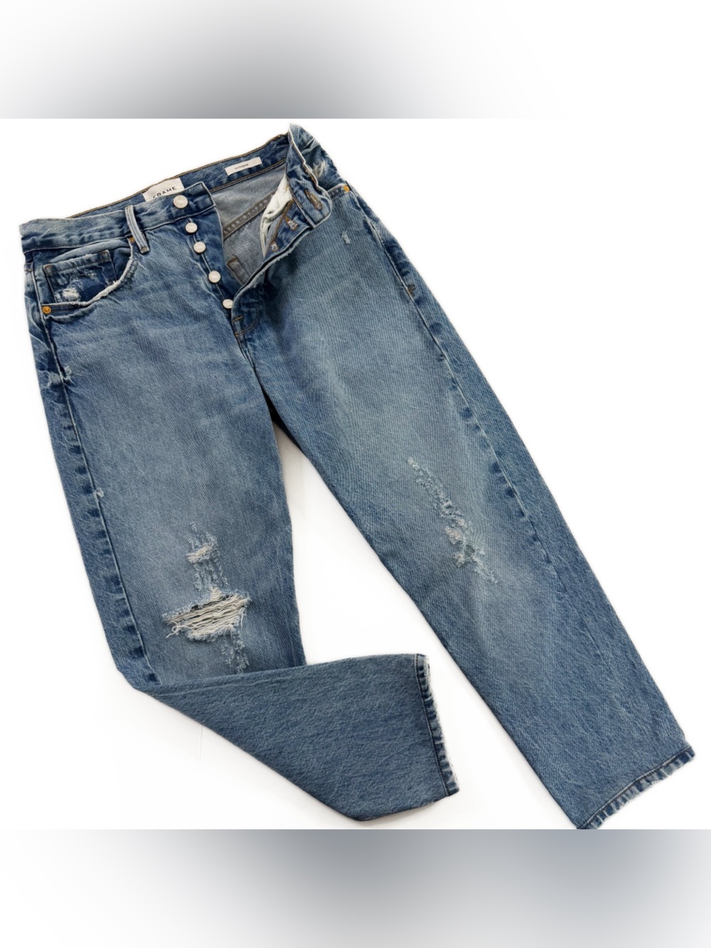 Frame Denim Jeans Womens 27 Button Fly Le Original Bluejay Rips Cropped